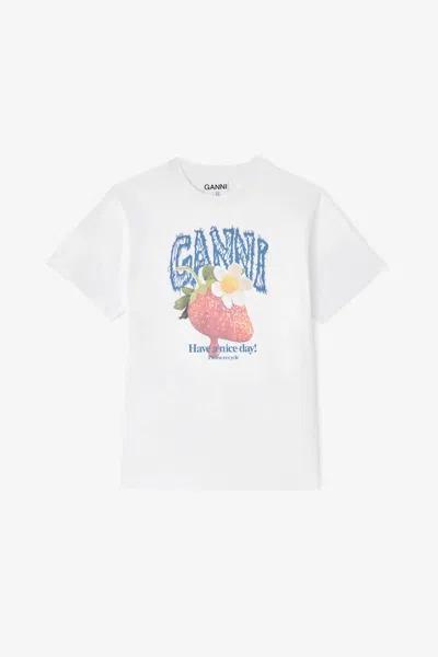 Ganni Womens Bright White Jersey Strawberry Printed Round-neck Cotton-jersey T-shirt In Multi