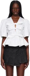 Ganni Poplin Front-tie Peplum Blouse With Puffed-sleeves In 151 Bright White