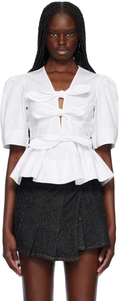 GANNI WHITE WASHED STRETCH COTTON TIE STRAP BLOUSE