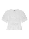 Ganni Belted Tie-detailed Gathered Cotton-blend Poplin Blouse In Blanco