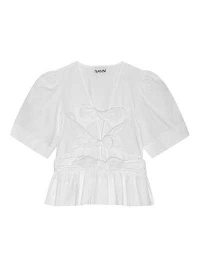 Ganni Tie-front Organic Cotton-poplin Peplum Blouse In White