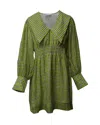 Ganni Wide Collar Smocked Mini Dress In Yellow Print Polyester In Yellow