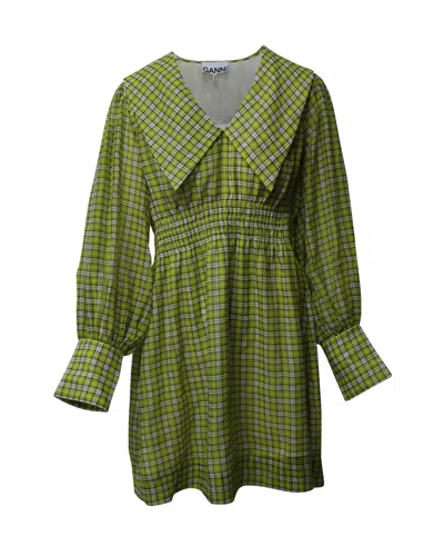 Ganni Wide Collar Smocked Mini Dress In Yellow Print Polyester