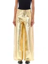 Ganni Gold Five Pockets Wide Jeans In Laminated Fabric Woman In Egret Gold
