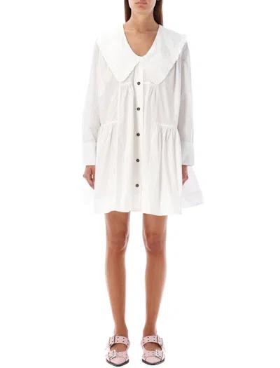 Ganni Wide Mini Shirt Dress In Birght White