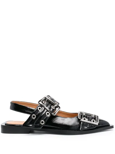 Ganni Wide Welt Buckled Ballerina Shoes In Black