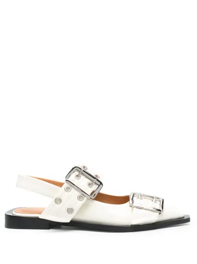 Ganni Wide Welt Buckled Ballerina Shoes In White