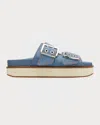 Ganni Denim Double Strap Slides In Blue