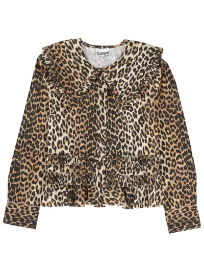 Ganni Wide-collar Animalier Shirt In Multicolor