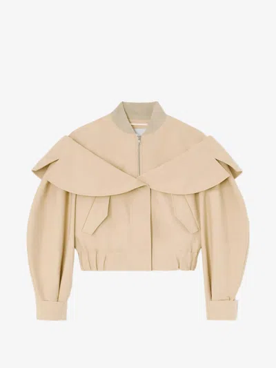 Ganni Wide-collar Off-shoulder Cotton Jacket With Curved Sleeves, Zip Closure & Elasticated Waist In Beige