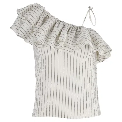 Pre-owned Ganni Wilkie Ruffled Striped Blouse In White Cotton And Silk