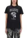 Ganni Black Crewneck T-shirt With Maxi Logo Lettering On The Front And Maxi Print On Front And Rear