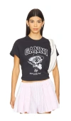 Ganni Black Crewneck T-shirt With Maxi Logo Lettering On The Front And Maxi Print On Front And Rear In Phantom