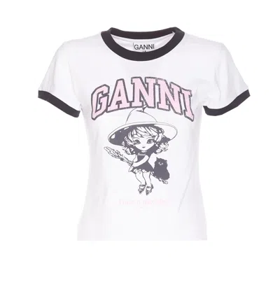 Ganni White T-shirt With Lettering Logo And Front And Back Print