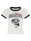 Ganni White T-shirt With Lettering Logo And Front And Back Print In Cotton Woman