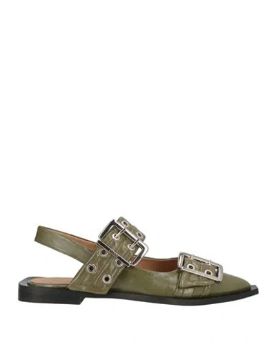 Ganni Woman Ballet Flats Military Green Size 9 Textile Fibers In Metallic