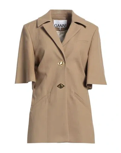 Ganni Woman Blazer Khaki Size 14 Organic Cotton In Brown