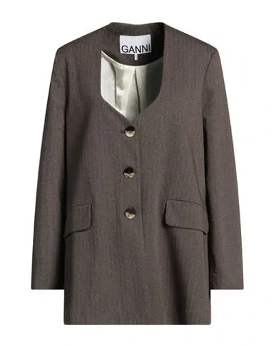 Ganni Brown Herringbone Blazer In 497 Rocky Road