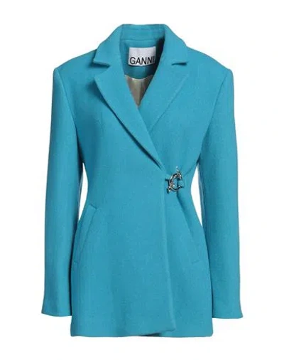 Ganni Long Sleeve Twill Wool Suiting Blazer In Blue Curacao