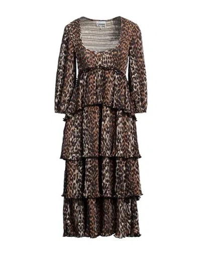 Ganni Woman Midi Dress Camel Size 4 Recycled Polyester In Animal Print