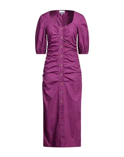 Ganni Short Sleeve Cotton Poplin Gathered Open-neck Maxi Dress In Pink