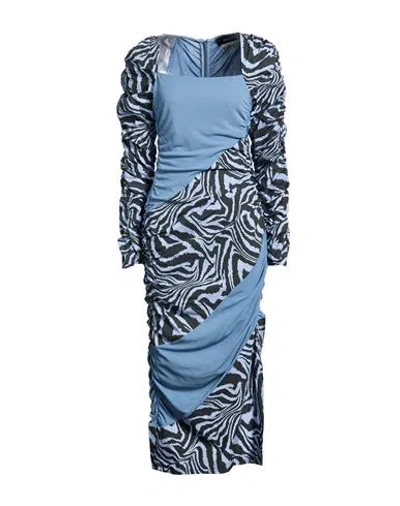 Ganni Ruched Printed Cotton-poplin And Jersey Midi Dress In Light Blue