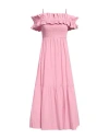 Ganni Cold-shoulder Shirred Cotton-poplin Midi Dress In Pink