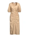 Ganni Short Sleeve Cotton Poplin Gathered Open-neck Maxi Dress In Beige