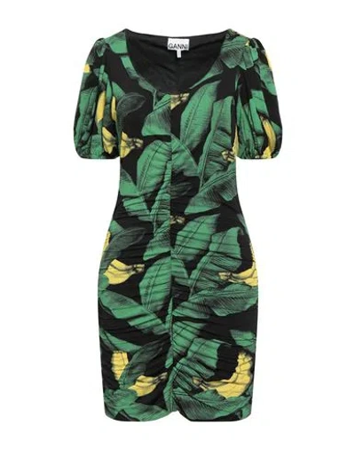 Ganni Printed Drapey Jersey Mini Dress In Black