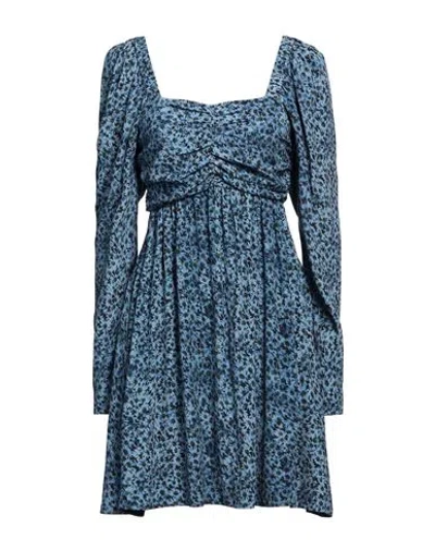 Ganni Long Sleeve Printed Crepe Mini Dress In Blue