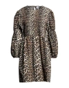 Ganni Printed Tie String Poplin Mini Dress In Beige