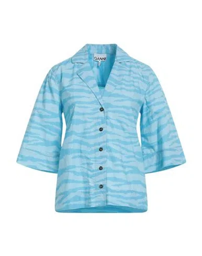 Ganni Woman Shirt Azure Size 6 Organic Cotton In Blue