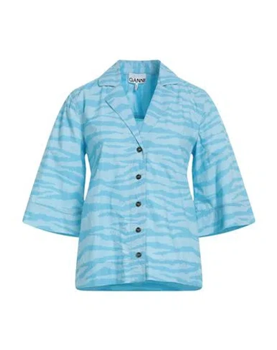Ganni Printed Cotton Shirt Ethereal Blue