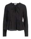 Ganni Long Sleeve Cotton Poplin Tie String Peplum Blouse In Black