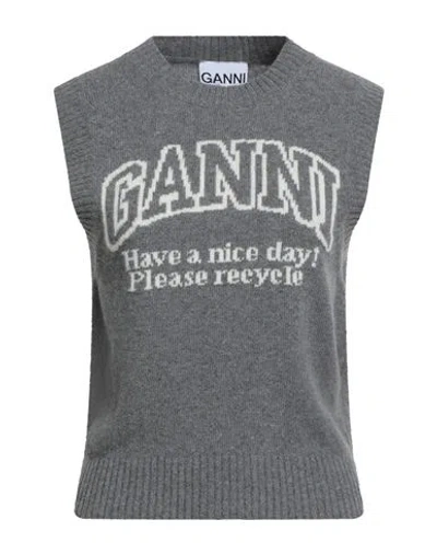 Ganni Knitted Vest With Logo In Frost Gray
