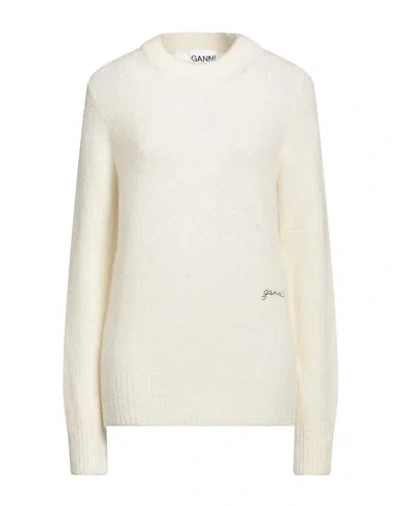 Ganni Womens Egret Logo-embroidered Round-neck Alpaca-blend Jumper In White