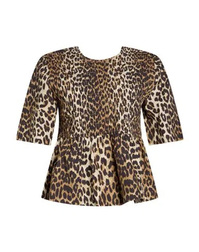 Ganni Woman Top Beige Size 6 Cotton In Animal Print