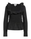Ganni Cotton Poplin Open-neck Smock Blouse Black 36 In Black