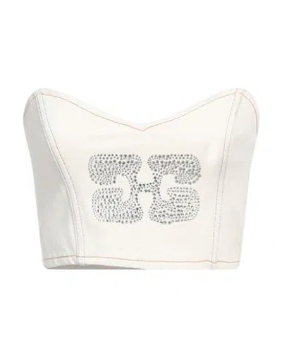 Ganni Crystal-embellished Logo Denim Crop-top In Neutral