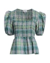 Ganni Seersucker Check Smock Blouse In Green