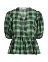 Ganni Tartan Seersucker Puff Sleeve Wrapped Blouse In Green