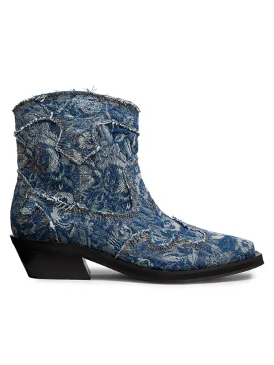 Ganni Women's 40mm Tapestry Embroidered Denim Boots In Blue