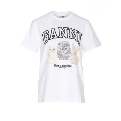 Ganni Women Animals Print Logo T-shirt In White