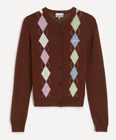 Ganni Women's Argyle Cotton Cardigan In Brown