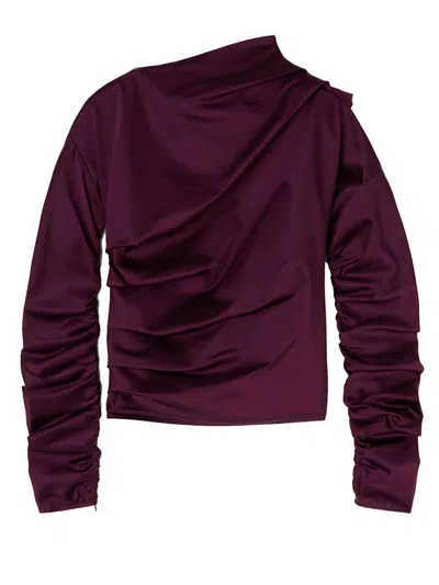 Ganni Satin Blouse With Draped Detail And High Neck In Burgundy