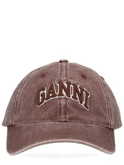 Ganni Women Baseball Cap With Logo In Brown