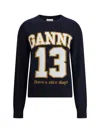 Ganni Women Logo Graphic Baseball Wool Mix Sweater In Blue