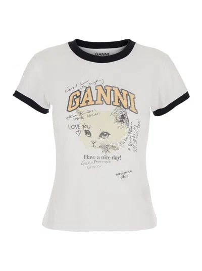 GANNI GANNI WOMEN WHITE CREWNECK T-SHIRT WITH MAXI LOGO ON THE FRONT IN COTTON JERSEY WOMAN