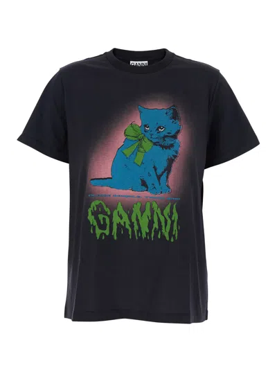 Ganni Women Basic Cotton Jersey Neon Kitty T-shirt In Black