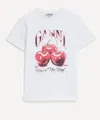Ganni White T-shirt With Cherry Print And Logo Lettering On The Front In Cotton Woman